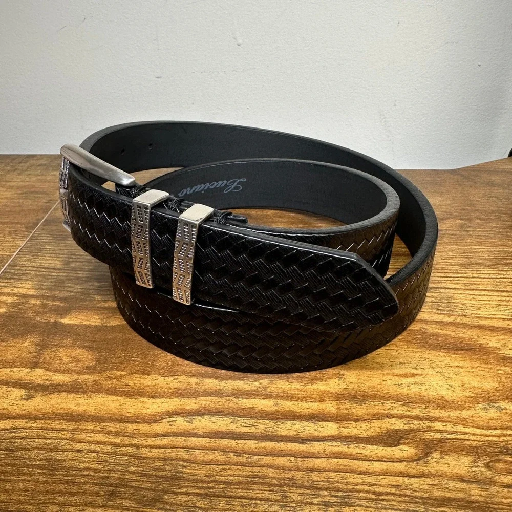 Luciano Bocelli Mens Black Woven Leather Belt Italian Calf Skin Silver Buckle 34